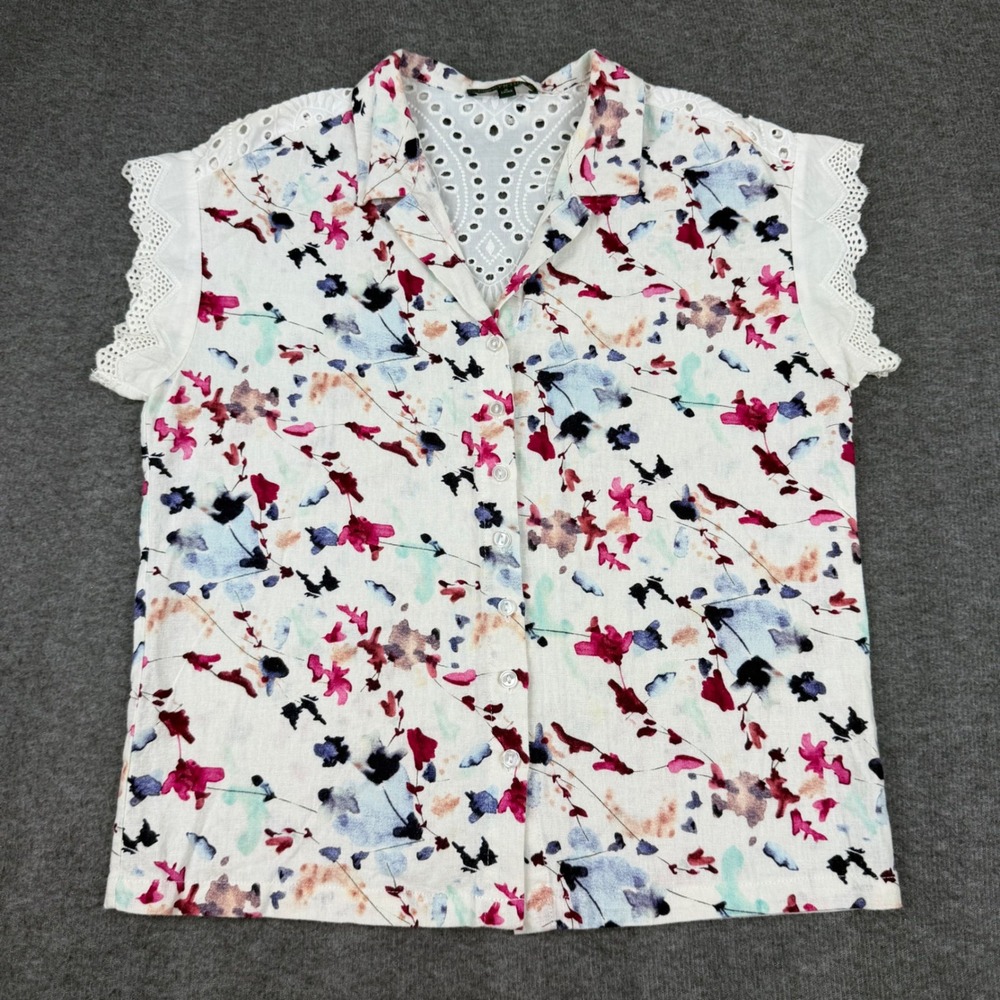 For Cynthia Floral Button Front Top Womens Small White Eyelet Lace Linen Blend